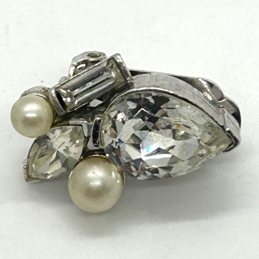 Marvella Vintage 1950s Pearl & Rhinestone Silver-Tone Clip-On Bridal Elegant - Picture 5 of 7